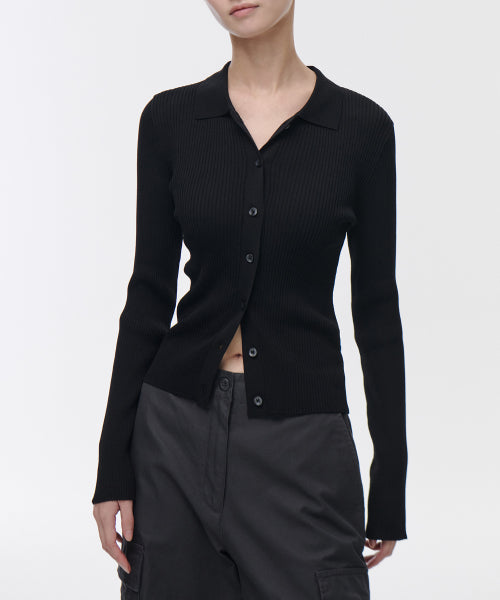 MUSINSA STANDARD WOMAN MUSINSA STANDARD WOMAN Women's Ribbed Slim Collared Cardigan (Black)