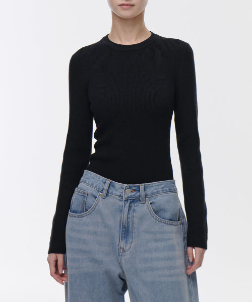 MUSINSA STANDARD WOMAN MUSINSA STANDARD WOMAN Women's Ribbed Slim Crew Neck Knit [Black]
