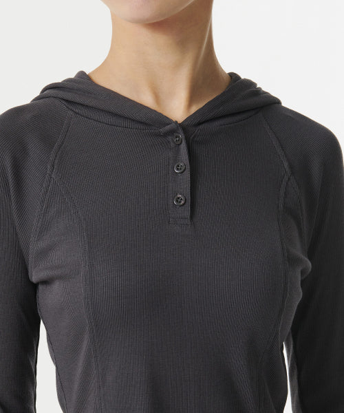 MUSINSA STANDARD WOMAN MUSINSA STANDARD WOMAN Women's Ribbed Slim Hooded Long Sleeve T-Shirt (Dark Gray)