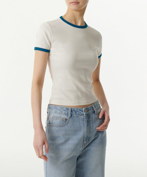 MUSINSA STANDARD WOMAN MUSINSA STANDARD WOMAN Women's Slim Crew Neck Ringer T-Shirt Cream/Blue