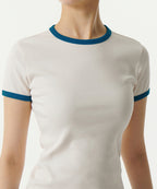 MUSINSA STANDARD WOMAN MUSINSA STANDARD WOMAN Women's Slim Crew Neck Ringer T-Shirt Cream/Blue