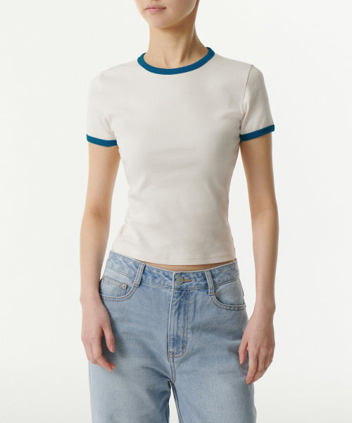 MUSINSA STANDARD WOMAN MUSINSA STANDARD WOMAN Women's Slim Crew Neck Ringer T-Shirt Cream/Blue