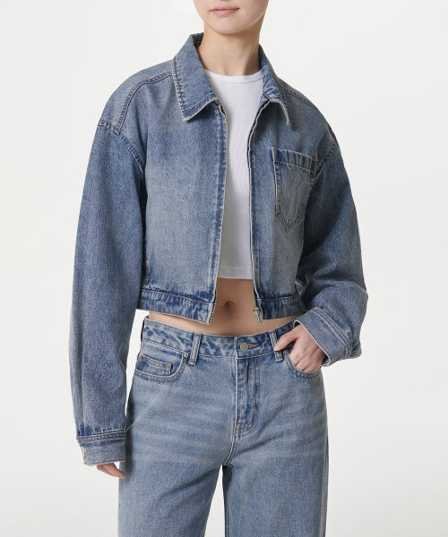 MUSINSA STANDARD WOMAN MUSINSA STANDARD WOMAN Women's relaxed crop denim zip-up jacket (light indigo)