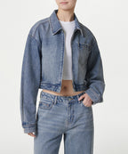MUSINSA STANDARD WOMAN MUSINSA STANDARD WOMAN Women's relaxed crop denim zip-up jacket (light indigo)