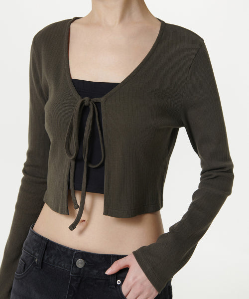 MUSINSA STANDARD WOMAN MUSINSA STANDARD WOMAN Cardigan ribbed tie-up crop dark olive