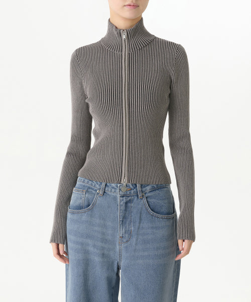 MUSINSA STANDARD WOMAN MUSINSA STANDARD WOMAN Women's Two-Tone Ribbed Slim Knit Zip-Up Warm Gray