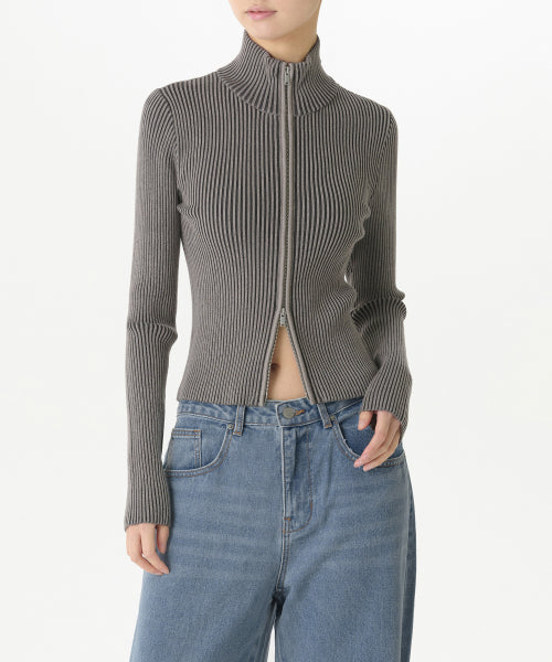 MUSINSA STANDARD WOMAN MUSINSA STANDARD WOMAN Women's Two-Tone Ribbed Slim Knit Zip-Up Warm Gray