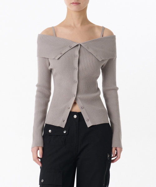 MUSINSA STANDARD WOMAN MUSINSA STANDARD WOMAN Cardigan ribbed off-shoulder warm gray