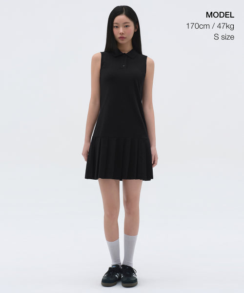 MUSINSA STANDARD WOMAN MUSINSA STANDARD WOMAN Pleated Sleeveless Pique Polo Dress (Black)