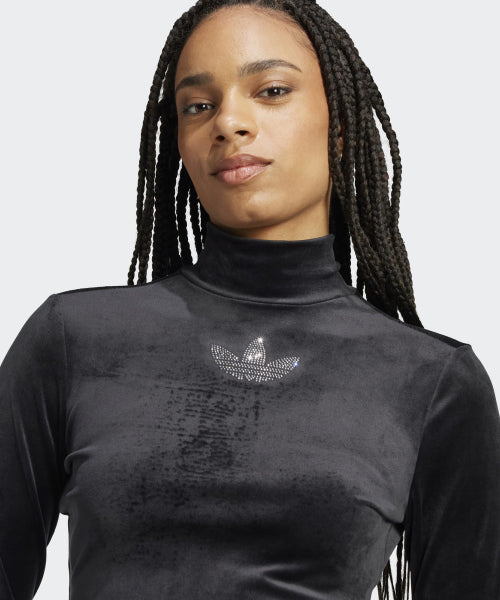 ADIDAS ADIDAS Rhinestone Velvet Long Sleeve Crop Top - Black