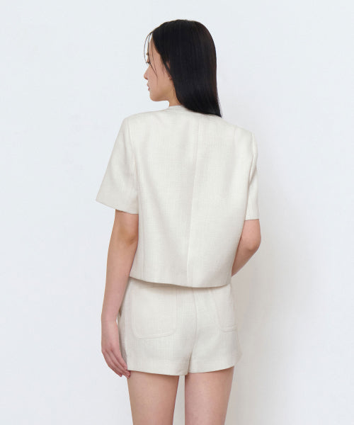 MUSINSA STANDARD WOMAN MUSINSA STANDARD WOMAN Women's Round Neck Tweed Crop Short Sleeve Jacket (Cream)