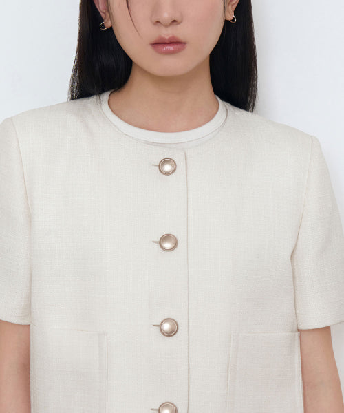 MUSINSA STANDARD WOMAN MUSINSA STANDARD WOMAN Women's Round Neck Tweed Crop Short Sleeve Jacket (Cream)