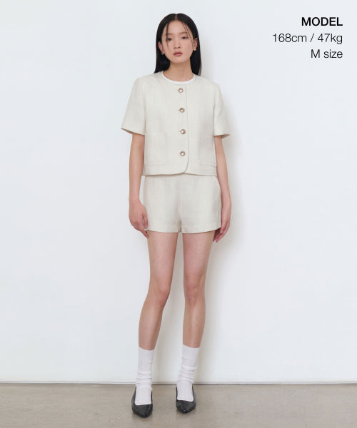 MUSINSA STANDARD WOMAN MUSINSA STANDARD WOMAN Women's Round Neck Tweed Crop Short Sleeve Jacket (Cream)