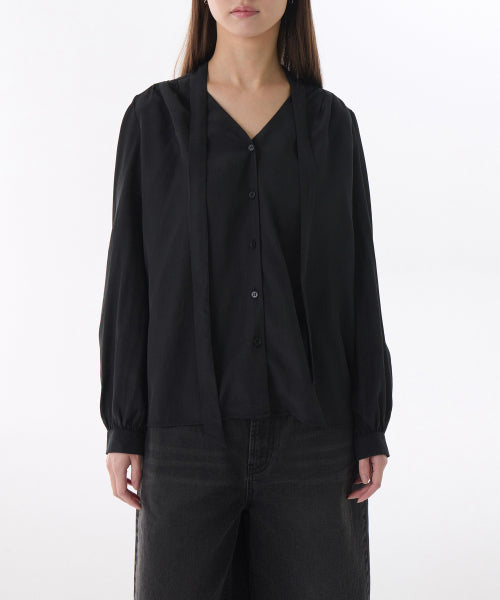 MUSINSA STANDARD WOMAN MUSINSA STANDARD WOMAN Women's Volume Shirring Tie Blouse [Black]