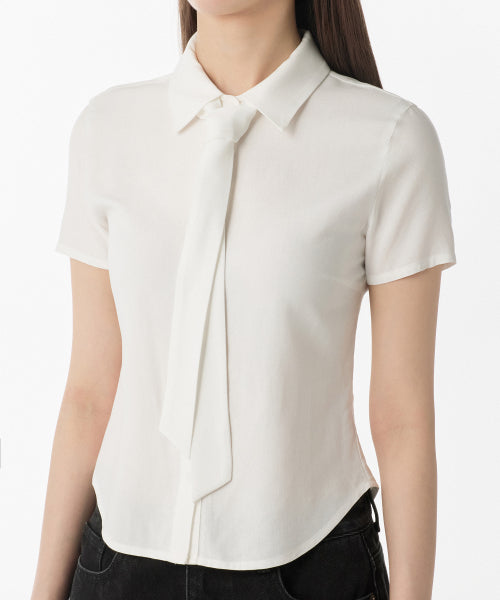 MUSINSA STANDARD WOMAN MUSINSA STANDARD WOMAN Slim Fit Tie Short Sleeve Blouse (Ivory)