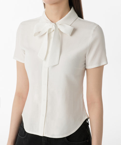 MUSINSA STANDARD WOMAN MUSINSA STANDARD WOMAN Slim Fit Tie Short Sleeve Blouse (Ivory)