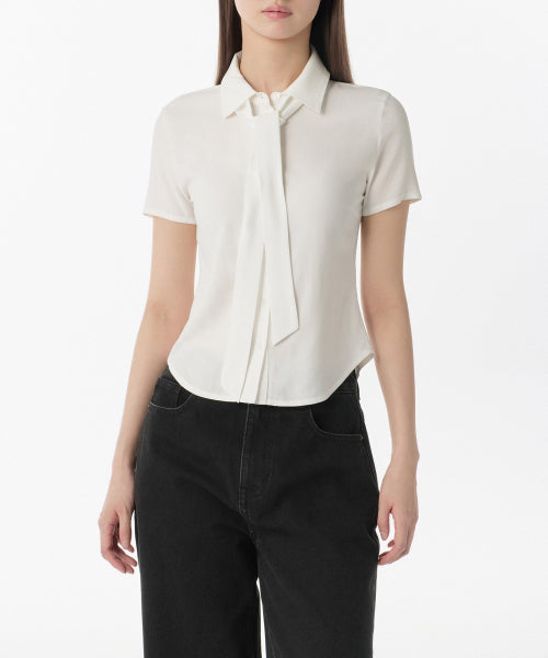 MUSINSA STANDARD WOMAN MUSINSA STANDARD WOMAN Slim Fit Tie Short Sleeve Blouse (Ivory)