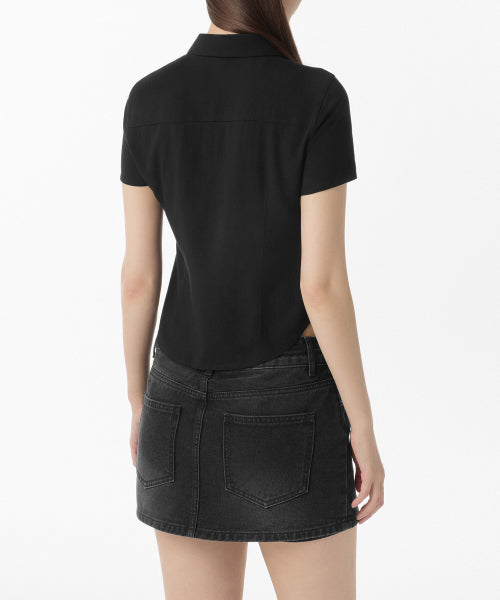 MUSINSA STANDARD WOMAN MUSINSA STANDARD WOMAN Women's Slim Fit Tie Short Sleeve Blouse [Black]