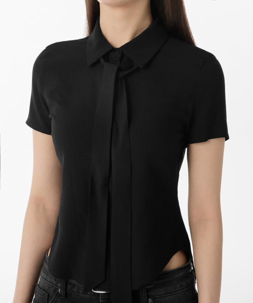 MUSINSA STANDARD WOMAN MUSINSA STANDARD WOMAN Women's Slim Fit Tie Short Sleeve Blouse [Black]