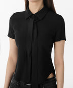 MUSINSA STANDARD WOMAN MUSINSA STANDARD WOMAN Women's Slim Fit Tie Short Sleeve Blouse [Black]