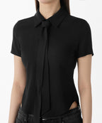 MUSINSA STANDARD WOMAN MUSINSA STANDARD WOMAN Women's Slim Fit Tie Short Sleeve Blouse [Black]