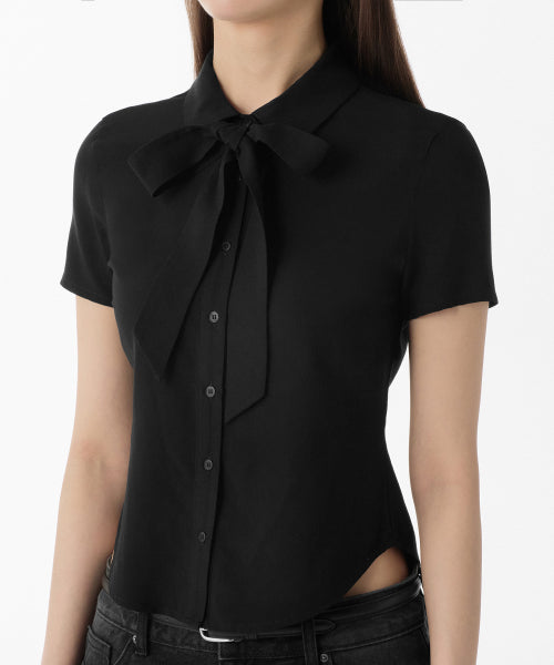 MUSINSA STANDARD WOMAN MUSINSA STANDARD WOMAN Women's Slim Fit Tie Short Sleeve Blouse [Black]