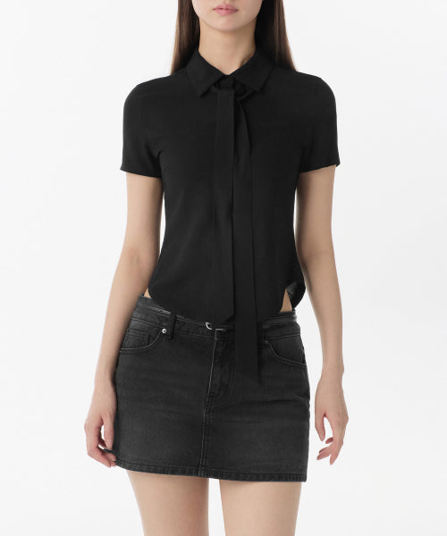 MUSINSA STANDARD WOMAN MUSINSA STANDARD WOMAN Women's Slim Fit Tie Short Sleeve Blouse [Black]