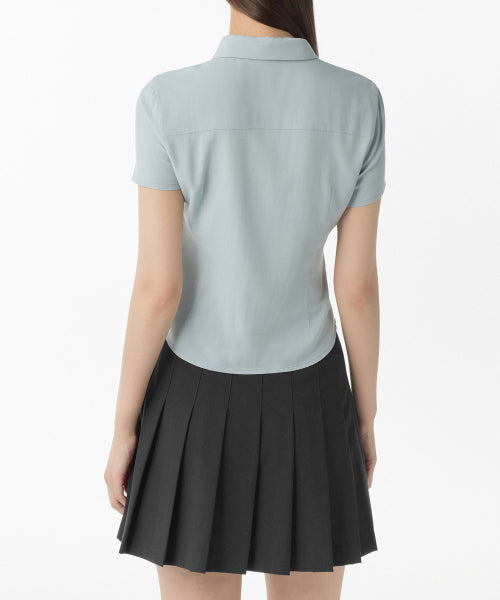 MUSINSA STANDARD WOMAN MUSINSA STANDARD WOMAN Women's Slim Fit Tie Short Sleeve Blouse [Cloudy Blue]