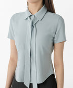 MUSINSA STANDARD WOMAN MUSINSA STANDARD WOMAN Women's Slim Fit Tie Short Sleeve Blouse [Cloudy Blue]