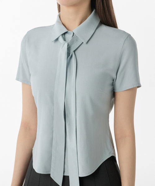 MUSINSA STANDARD WOMAN MUSINSA STANDARD WOMAN Women's Slim Fit Tie Short Sleeve Blouse [Cloudy Blue]