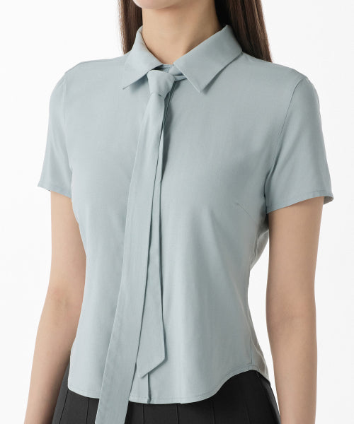 MUSINSA STANDARD WOMAN MUSINSA STANDARD WOMAN Women's Slim Fit Tie Short Sleeve Blouse [Cloudy Blue]