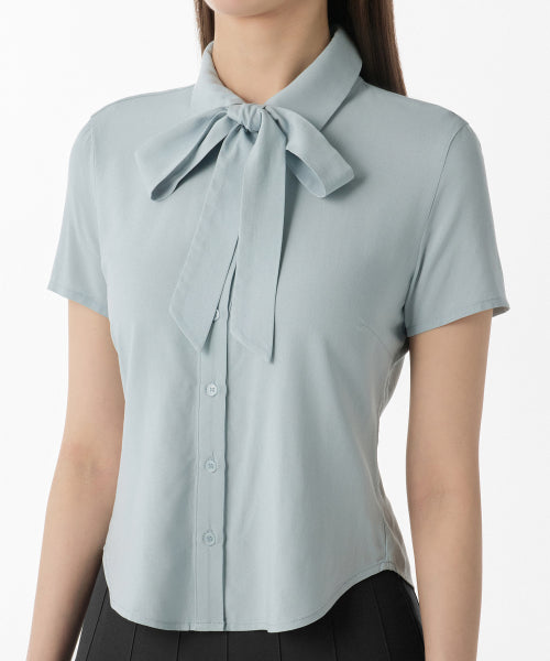 MUSINSA STANDARD WOMAN MUSINSA STANDARD WOMAN Women's Slim Fit Tie Short Sleeve Blouse [Cloudy Blue]