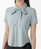 MUSINSA STANDARD WOMAN MUSINSA STANDARD WOMAN Women's Slim Fit Tie Short Sleeve Blouse [Cloudy Blue]