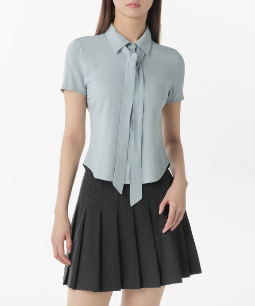 MUSINSA STANDARD WOMAN MUSINSA STANDARD WOMAN Women's Slim Fit Tie Short Sleeve Blouse [Cloudy Blue]