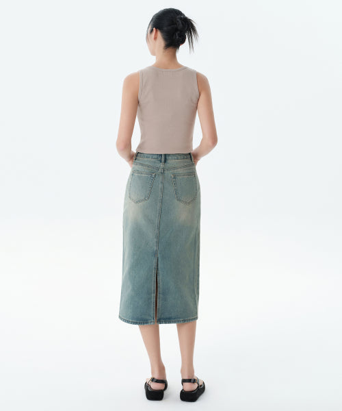MUSINSA STANDARD WOMAN MUSINSA STANDARD WOMAN Denim Midi Skirt Yellow Sky Blue