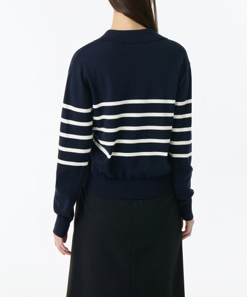 MUSINSA STANDARD WOMAN MUSINSA STANDARD WOMAN Women's Striped Slit Neck Long Sleeve Polo Shirt (Navy/Ivory)