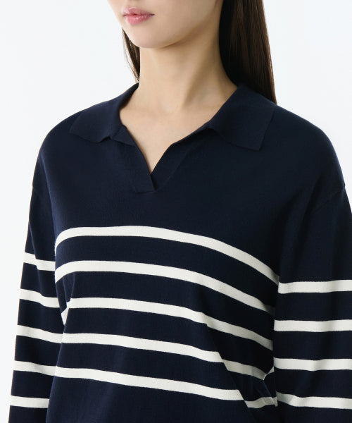 MUSINSA STANDARD WOMAN MUSINSA STANDARD WOMAN Women's Striped Slit Neck Long Sleeve Polo Shirt (Navy/Ivory)