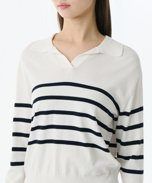 MUSINSA STANDARD WOMAN MUSINSA STANDARD WOMAN Women's Striped Slit Neck Long Sleeve Polo Shirt (Size)