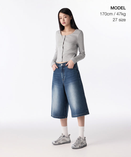 MUSINSA STANDARD WOMAN MUSINSA STANDARD WOMAN Women's Big Brush Wide Bermuda Denim Pants [Medium Indigo]