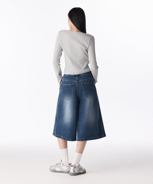 MUSINSA STANDARD WOMAN MUSINSA STANDARD WOMAN Women's Big Brush Wide Bermuda Denim Pants [Medium Indigo]