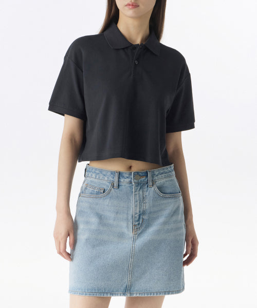 MUSINSA STANDARD WOMAN MUSINSA STANDARD WOMAN Women's Relaxed Crop Pique Polo Shirt (Navy)