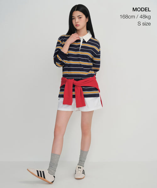 MUSINSA STANDARD WOMAN MUSINSA STANDARD WOMAN Relaxed Multi-Stripe Rugby Shirt (Navy)