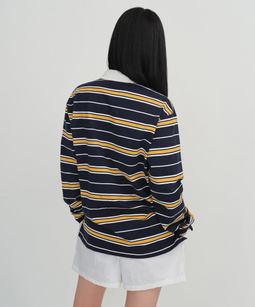 MUSINSA STANDARD WOMAN MUSINSA STANDARD WOMAN Relaxed Multi-Stripe Rugby Shirt (Navy)