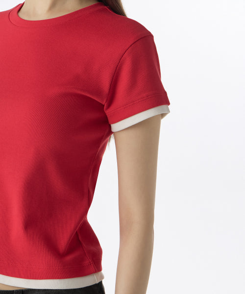 MUSINSA STANDARD WOMAN MUSINSA STANDARD WOMAN Women's Layered Hem Slim T-Shirt (Red)