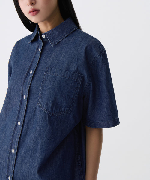MUSINSA STANDARD WOMAN MUSINSA STANDARD WOMAN Women's Oversized Short Sleeve Denim Shirt [Medium Indigo]