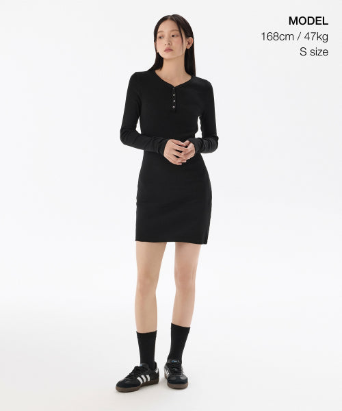 MUSINSA STANDARD WOMAN MUSINSA STANDARD WOMAN Women's Ribbed Y Neck Long Sleeve Mini Dress (Black)