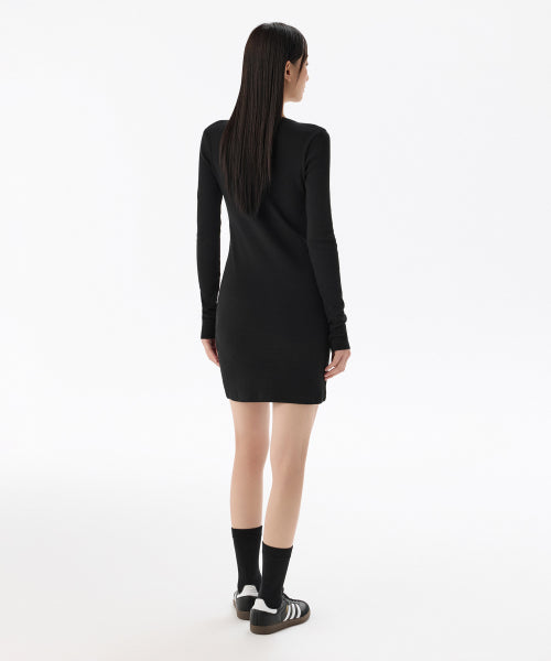 MUSINSA STANDARD WOMAN MUSINSA STANDARD WOMAN Women's Ribbed Y Neck Long Sleeve Mini Dress (Black)