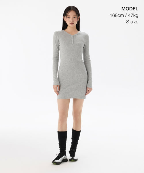 MUSINSA STANDARD WOMAN MUSINSA STANDARD WOMAN Women's Ribbed Y Neck Long Sleeve Mini Dress [Medium Gray]