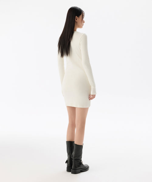MUSINSA STANDARD WOMAN MUSINSA STANDARD WOMAN Women's Ribbed Y Neck Long Sleeve Mini Dress (Cream)