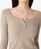 MUSINSA STANDARD WOMAN MUSINSA STANDARD WOMAN T-Shirt Women's Ribbed Slim Wide Henley Neck Long Sleeve [Greyish Beige]